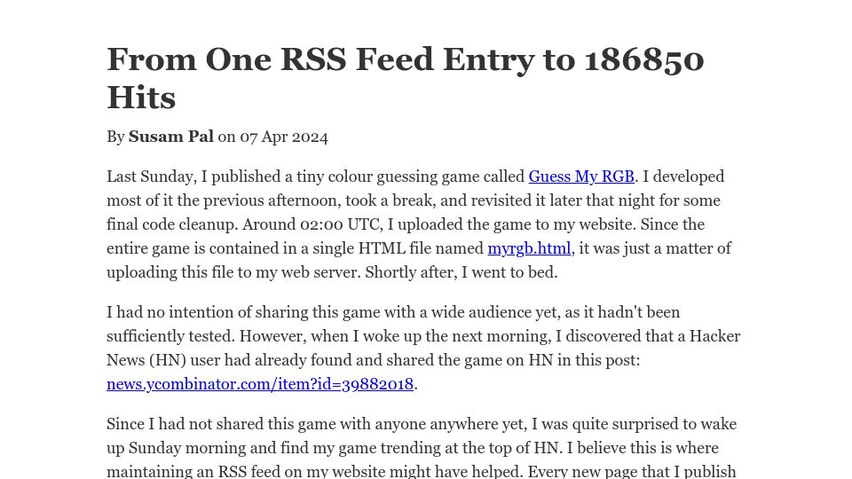 Screenshot of susam.net: From One RSS Feed Entry to 186850 Hits