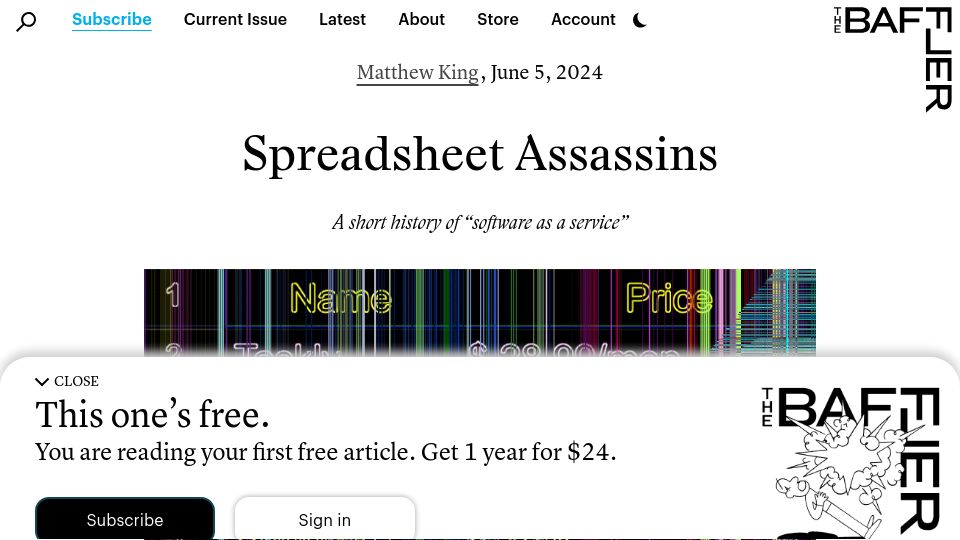 Screenshot of thebaffler.com: Spreadsheet Assassins – A short history of "software as a service"