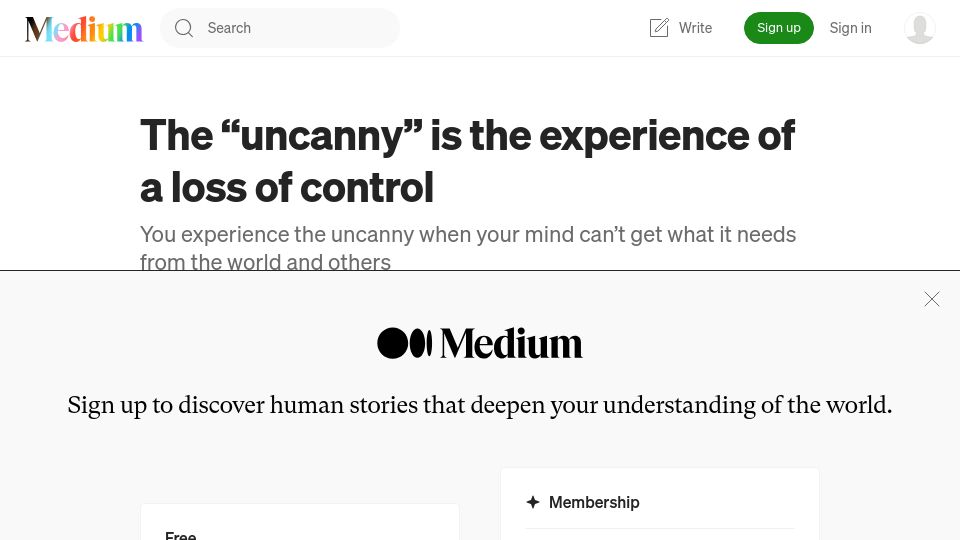 Screenshot of ykulbashian.medium.com: The "uncanny" is the experience of a loss of control