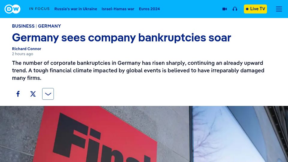 Screenshot of dw.com: Germany sees company bankruptcies soar
