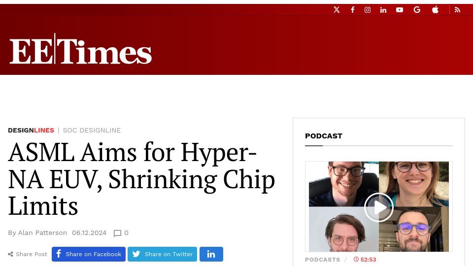 Screenshot of eetimes.com: ASML Aims for Hyper-NA EUV, Shrinking Chip Limits