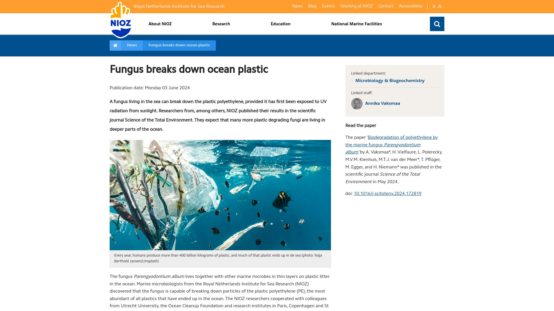 Screenshot of nioz.nl: Fungus breaks down ocean plastic