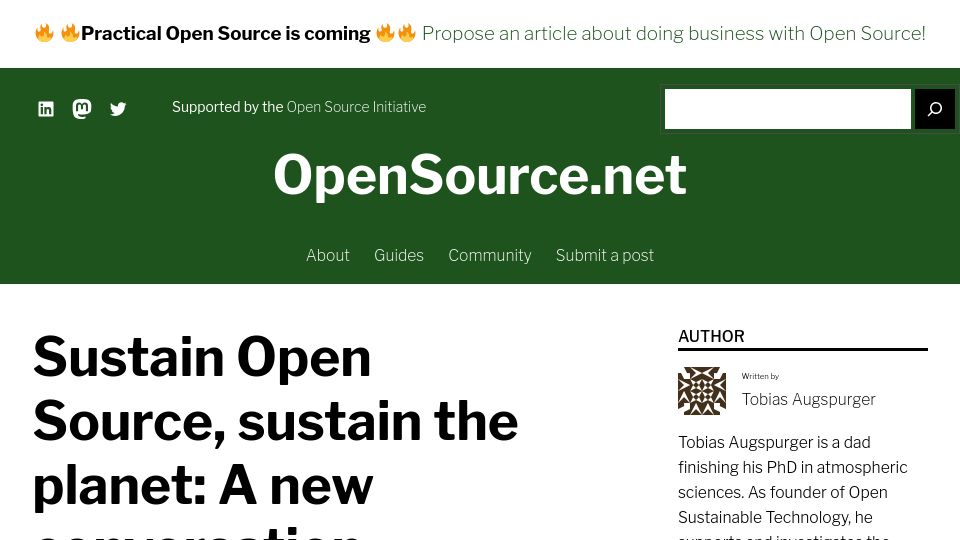 Screenshot of opensource.net: Sustain Open Source, sustain the planet: A new conversation