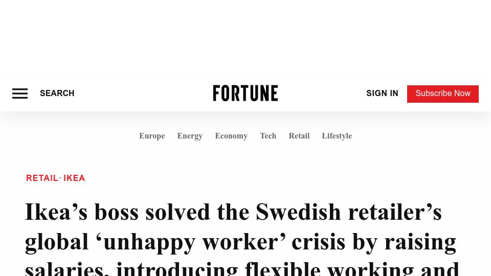 Screenshot of fortune.com: IKEA's retailer's solved global 'unhappy worker' crisis by raising salaries