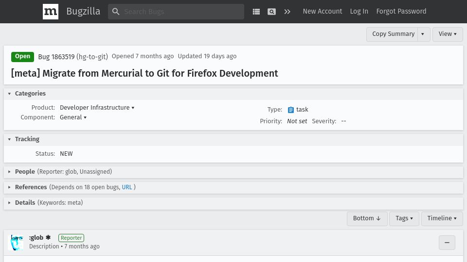 Screenshot of bugzilla.mozilla.org: Firefox development is moving from Mercurial to Git (2023)