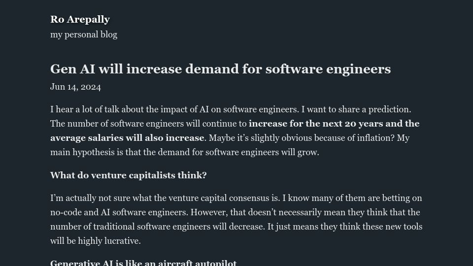 Screenshot of roarepally.com: Gen AI will increase demand for software engineers