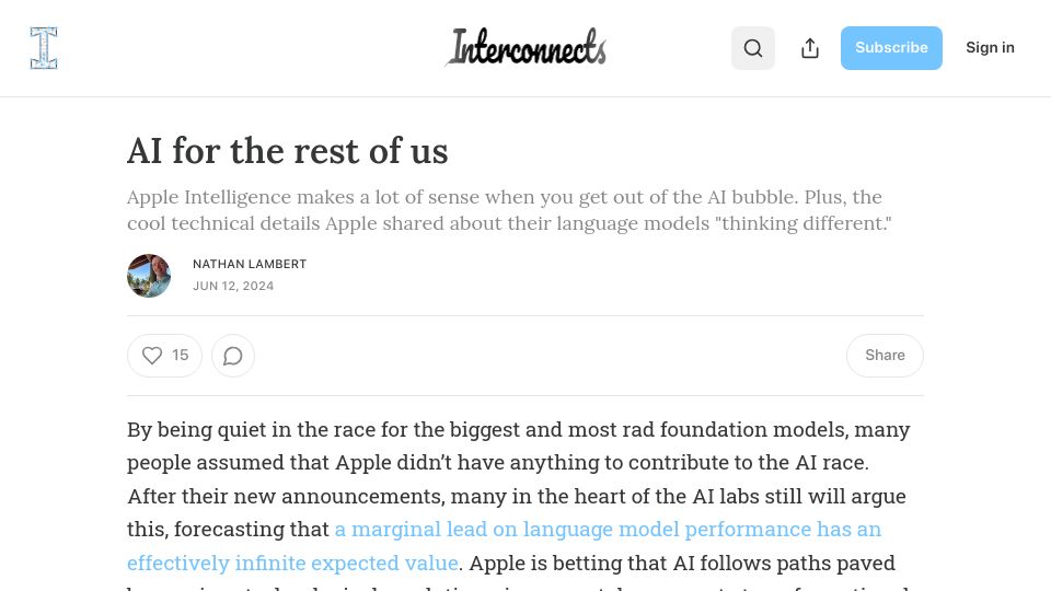 Screenshot of interconnects.ai: A look at Apple's technical approach to AI including core model performance etc.
