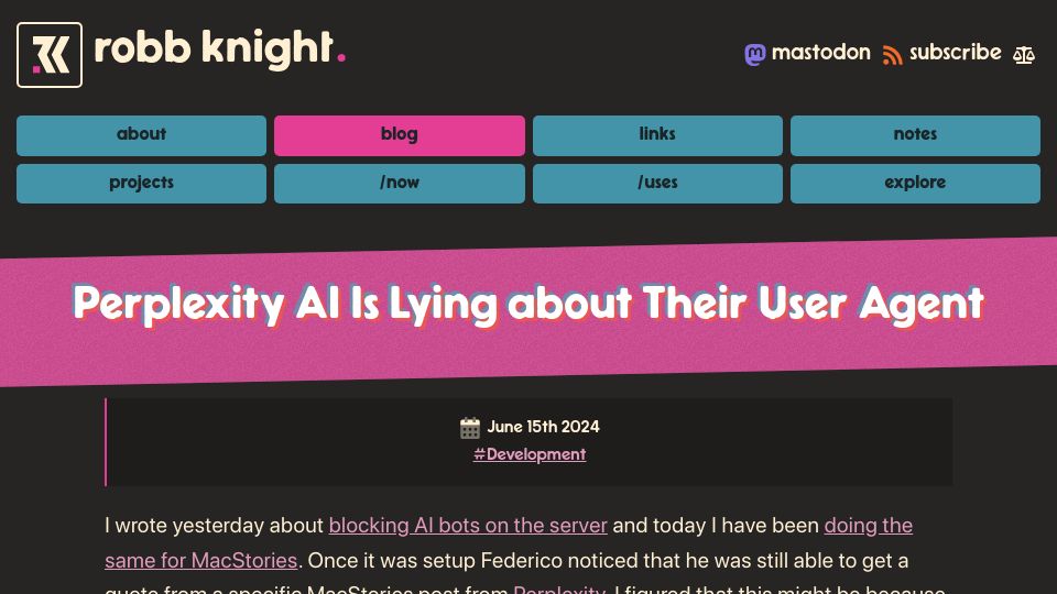 Screenshot of rknight.me: Perplexity AI is lying about their user agent