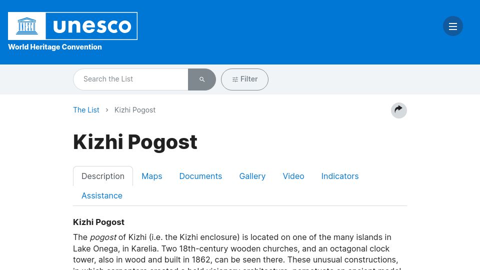 Screenshot of whc.unesco.org: Kizhi Pogost