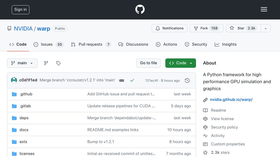 Screenshot of github.com: Nvidia Warp: A Python framework for high performance GPU simulation and graphics
