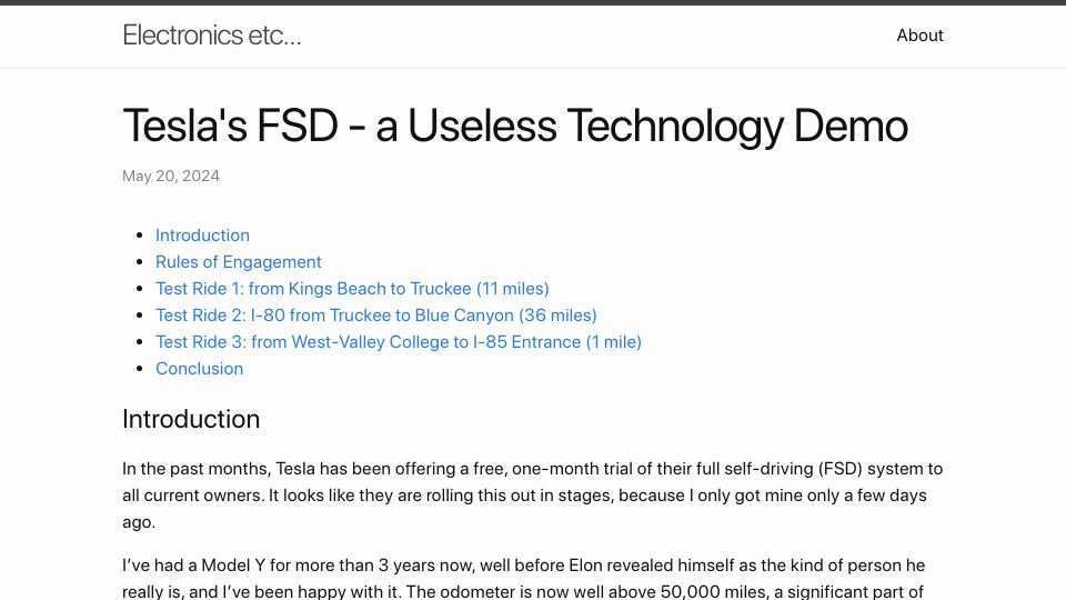 Screenshot of tomverbeure.github.io: Tesla's FSD – A Useless Technology Demo