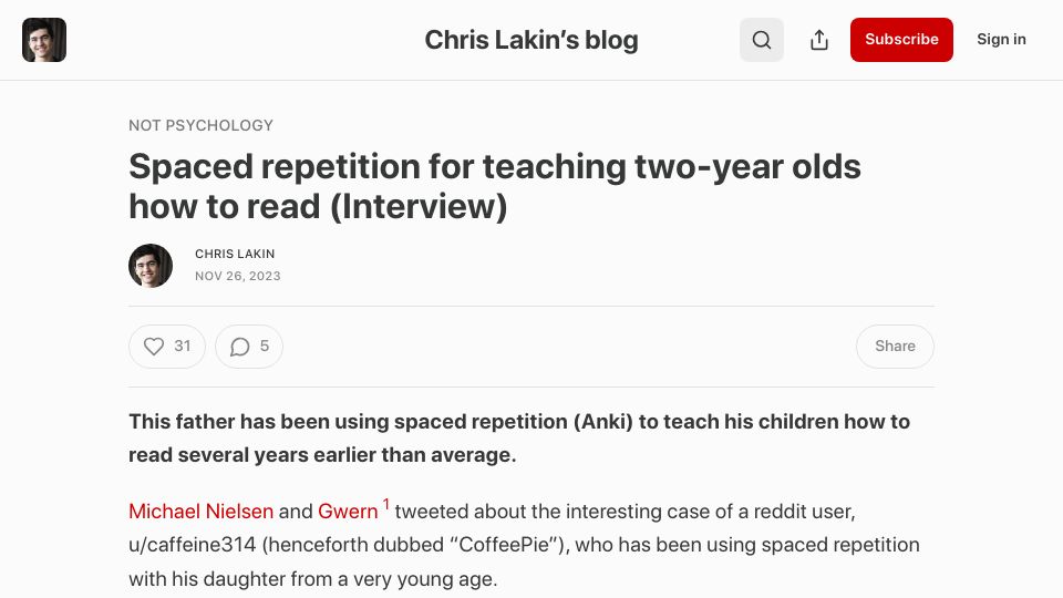 Screenshot of chrislakin.blog: Spaced repetition for teaching two-year olds how to read