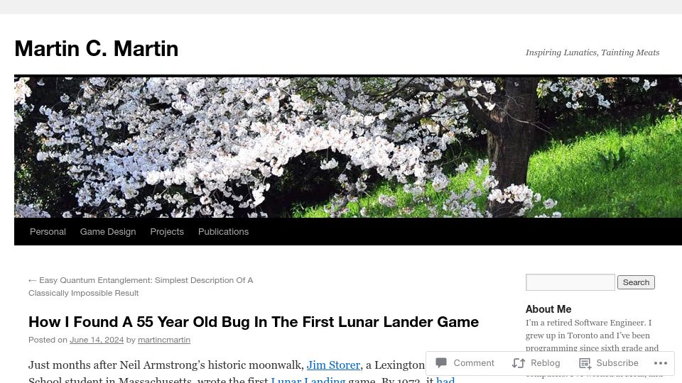 Screenshot of martincmartin.com: I found a 55 year old bug in the first Lunar Lander game