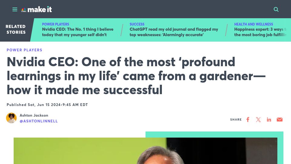 Screenshot of cnbc.com: Nvidia CEO: One of the most 'profound learnings in my life' came from a gardener