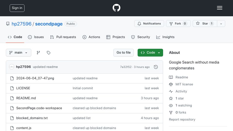Screenshot of github.com: Show HN: An open source extension to block large media brands from Google search