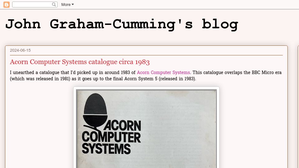 Screenshot of blog.jgc.org: Acorn Computer Systems catalogue circa 1983