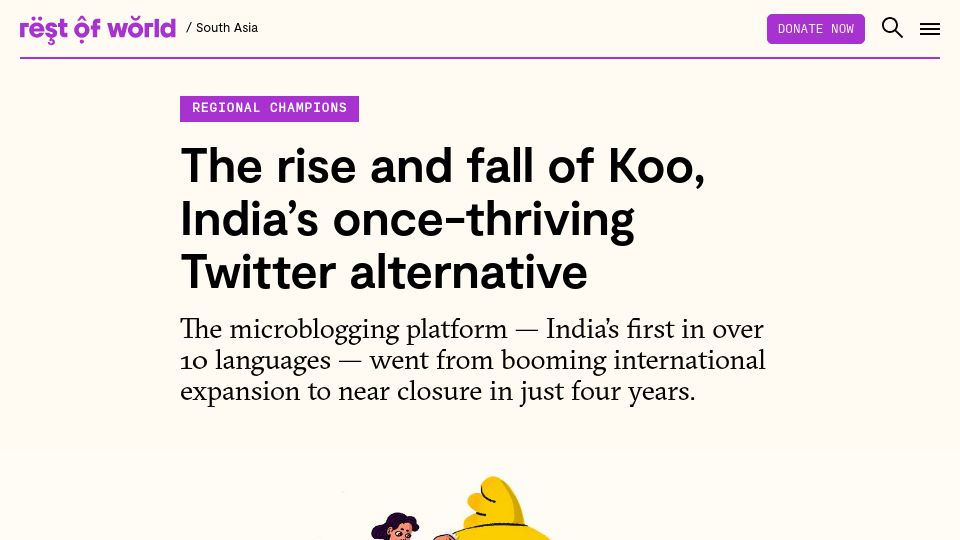 Screenshot of restofworld.org: The rise and fall of Koo, India’s once-thriving Twitter alternative
