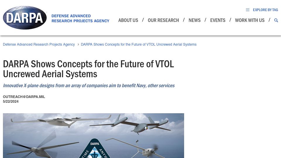 Screenshot of darpa.mil: DARPA Shows Concepts for the Future of VTOL Uncrewed Aerial Systems