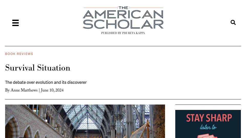 Screenshot of theamericanscholar.org: Survival Situation: The debate over evolution and its discoverer