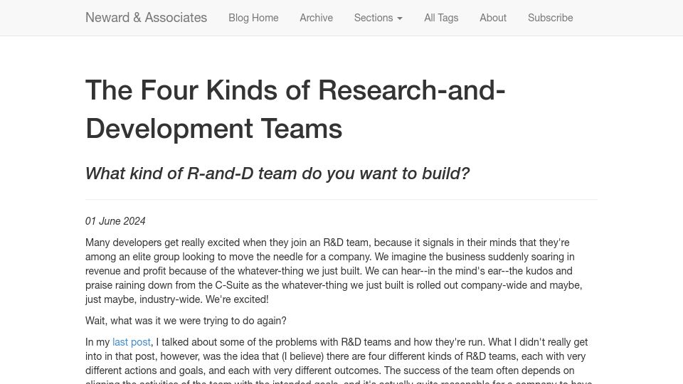 Screenshot of blogs.newardassociates.com: The Four Kinds of Research-and-Development Teams
