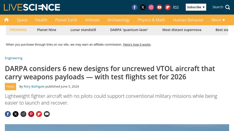 Screenshot of livescience.com: DARPA unveils 6 new designs for uncrewed vertical-takeoff military aircraft