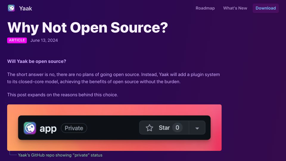 Screenshot of yaak.app: Why Yaak is not open source