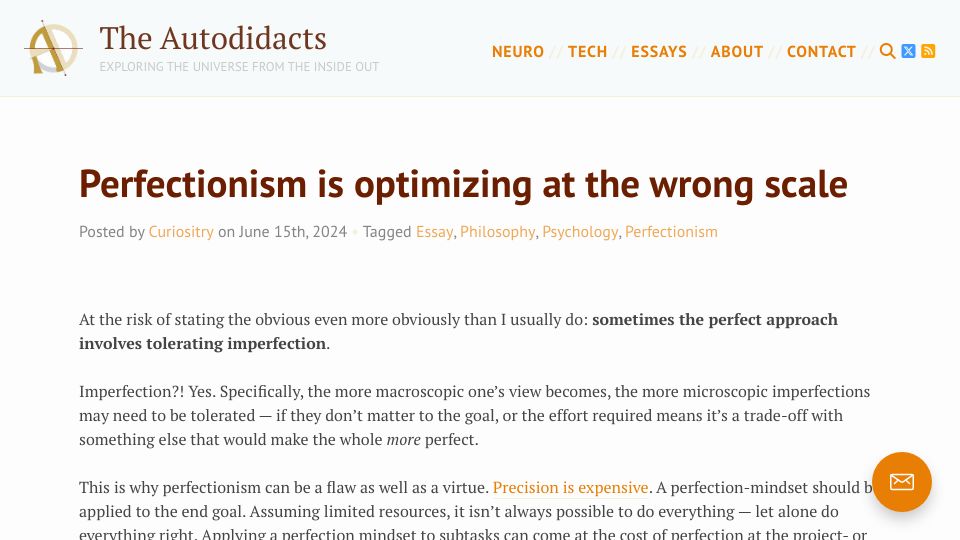Screenshot of autodidacts.io: Perfectionism is optimizing at the wrong scale