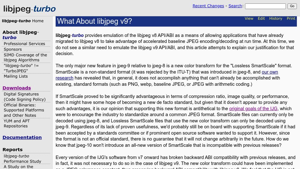 Screenshot of libjpeg-turbo.org: What About libjpeg v9? (2013)