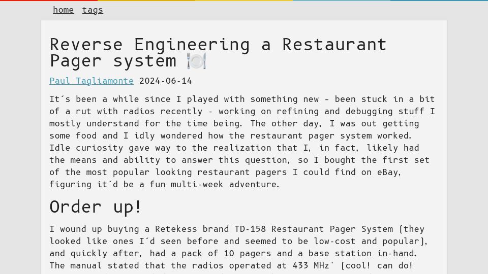Screenshot of k3xec.com: Reverse engineering a restaurant pager system