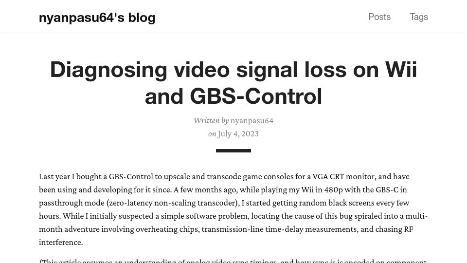 Screenshot of nyanpasu64.gitlab.io: Diagnosing video signal loss on Wii and GBS-Control