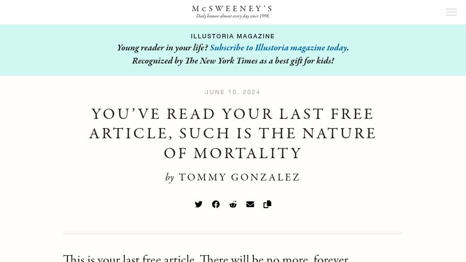 Screenshot of mcsweeneys.net: You've Read Your Last Free Article, Such Is the Nature of Mortality