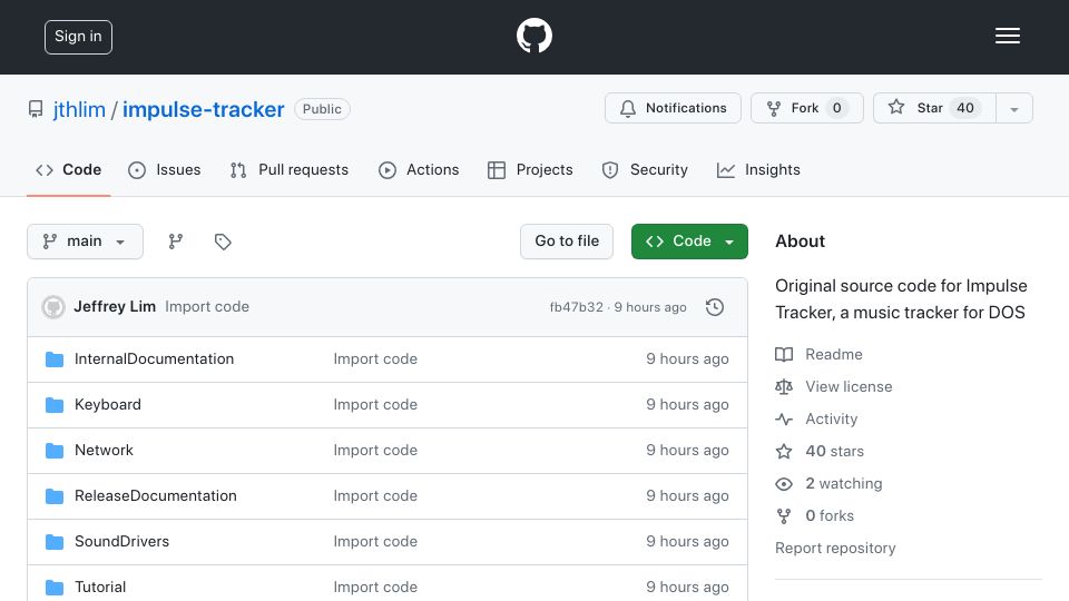 Screenshot of github.com: Impulse Tracker source code now available on GitHub