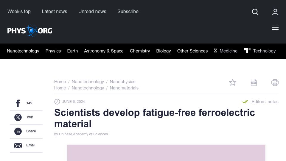 Screenshot of phys.org: Scientists develop fatigue-free ferroelectric material