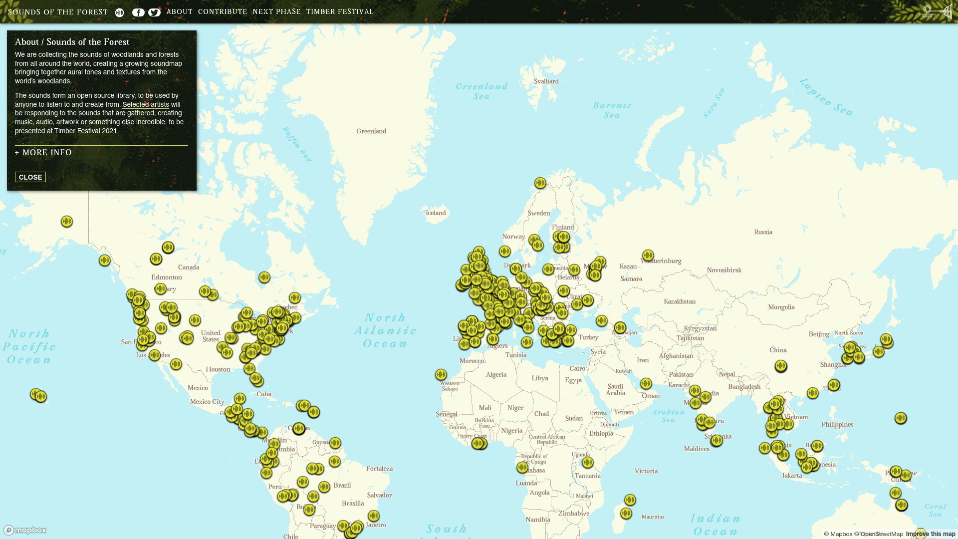 Screenshot of timberfestival.org.uk: Map of forest sounds from around the world