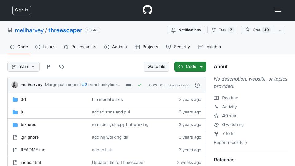 Screenshot of github.com: Threescaper: A website for loading Townscaper models into Three.js