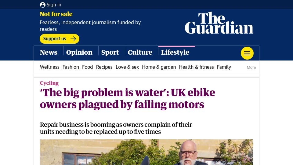 Screenshot of theguardian.com: 'The big problem is water': UK ebike owners plagued by failing motors
