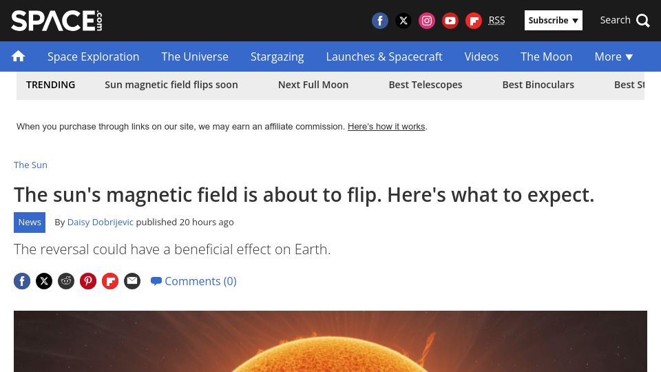 Screenshot of space.com: The sun's magnetic field is about to flip