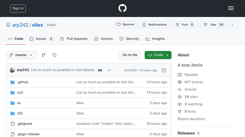 Screenshot of github.com: Show HN: Elles – A nicer /bin/ls