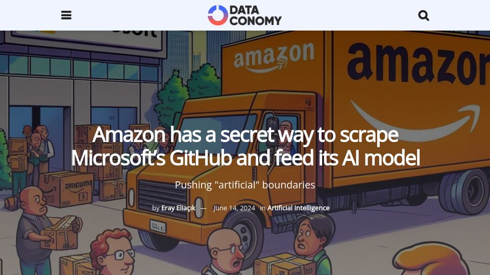 Screenshot of dataconomy.com: Amazon has a secret way to scrape Microsoft's GitHub and feed its AI model