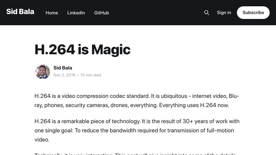 Screenshot of sidbala.com: H.264 Is Magic (2016)