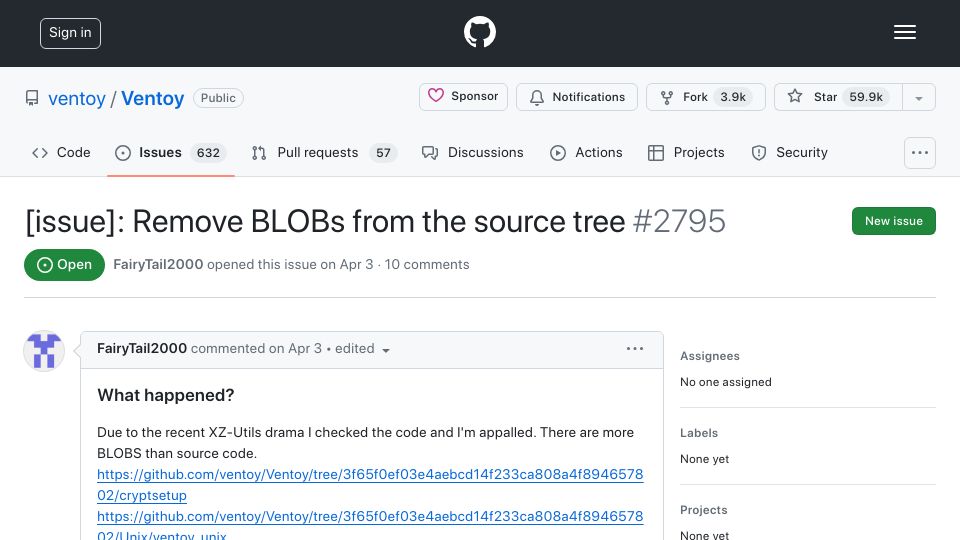 Screenshot of github.com: Ventoy: Remove BLOBs from the Source Tree