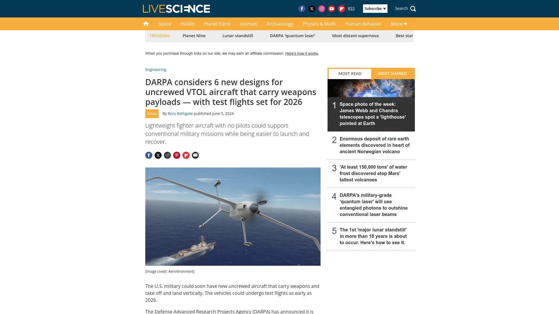 Screenshot of livescience.com: DARPA unveils 6 new designs for uncrewed vertical-takeoff military aircraft