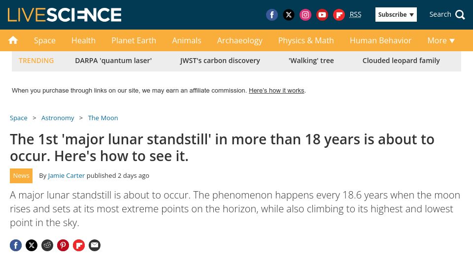 Screenshot of livescience.com: The first 'major lunar standstill' in more than 18 years is about to occur