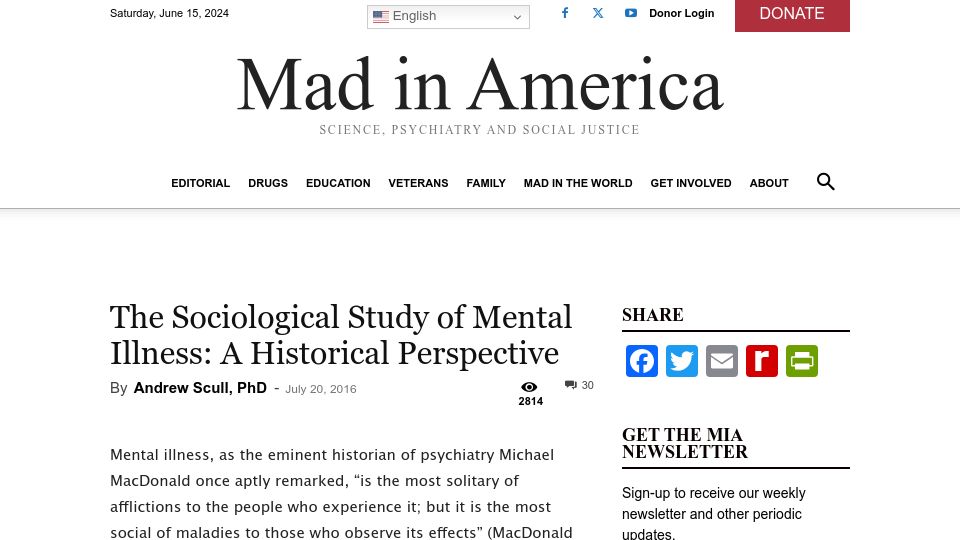 Screenshot of madinamerica.com: The Sociological Study of Mental Illness: A Historical Perspective (2016)