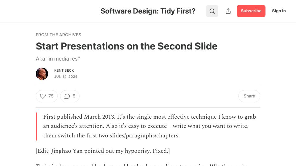 Screenshot of tidyfirst.substack.com: Start presentations on the second slide