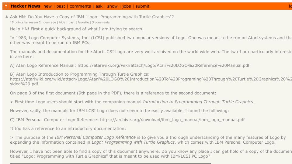Screenshot of Hacker News post: Ask HN: Do You Have a Copy of IBM "Logo: Programming with Turtle Graphics"?