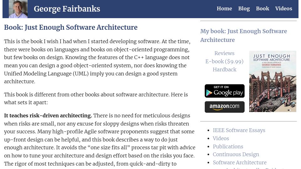 Screenshot of georgefairbanks.com: Just Enough Software Architecture (2010)