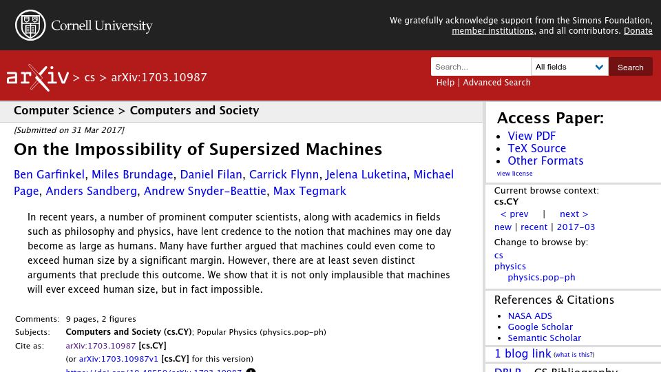 Screenshot of arxiv.org: The Impossibility of Supersized Machines (2017)
