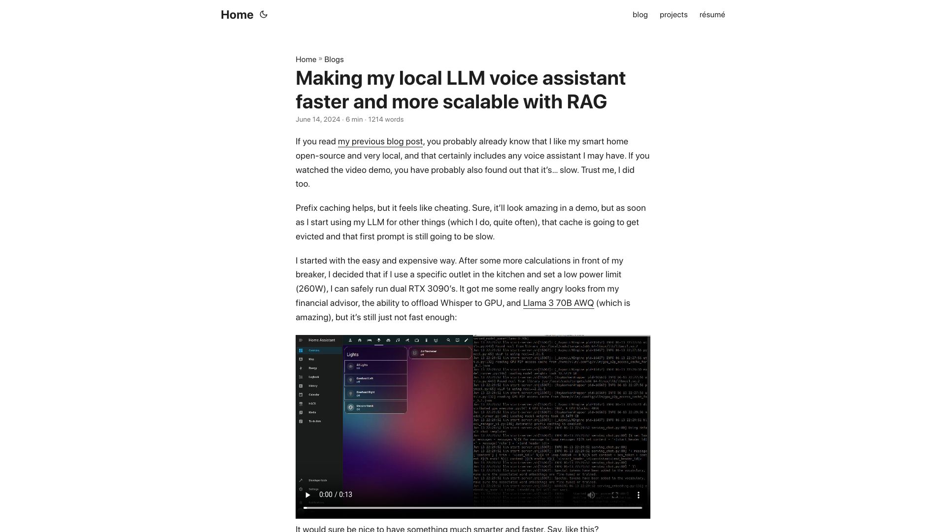 Screenshot of johnthenerd.com: Making my local LLM voice assistant faster and more scalable with RAG