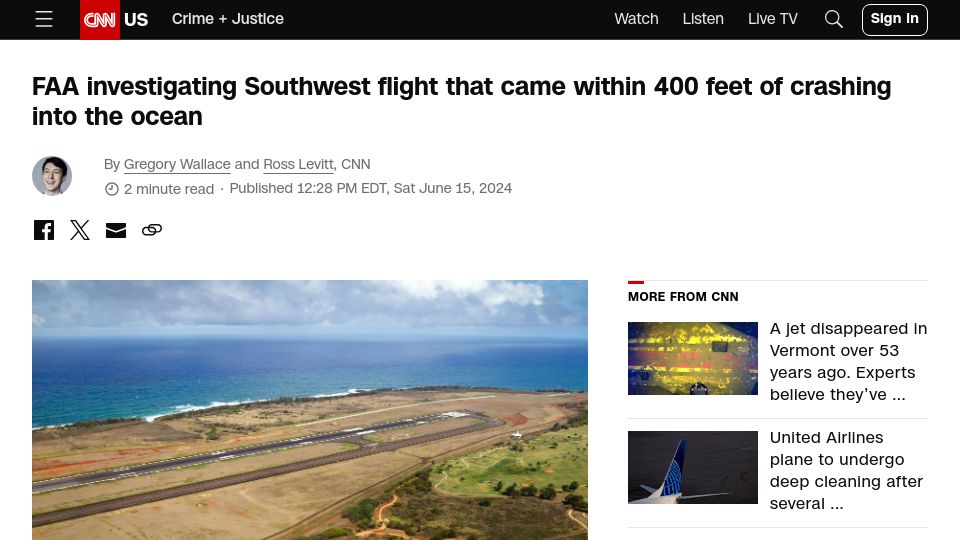 Screenshot of cnn.com: Southwest flight came within 400 feet of crashing into the ocean